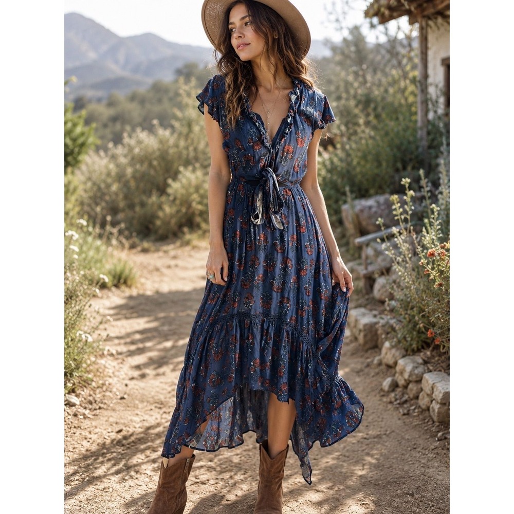 Beyond the Radar Blue Floral High-Low Wrap Style Midi Dress Size Small